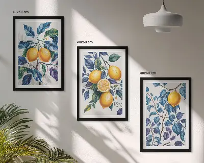 Lot de 3 tableaux pour salon branches de citronnier au feuillage bleu