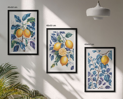 Lot de 3 tableaux pour salon Branches de citronnier feuilles bleues