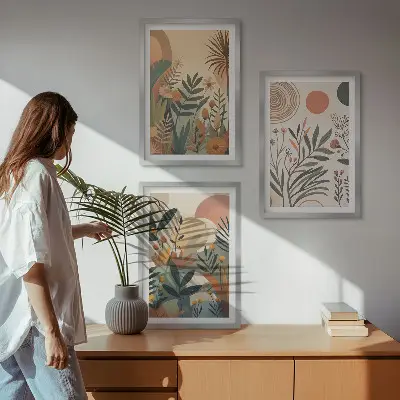 Lot de 3 tableaux pour salon avec motifs végétaux aux couleurs douces