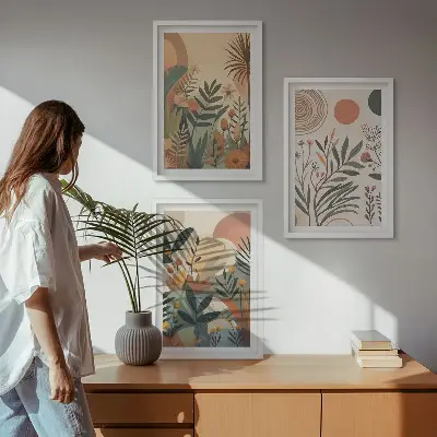 Lot de 3 tableaux pour salon avec motifs végétaux aux couleurs douces