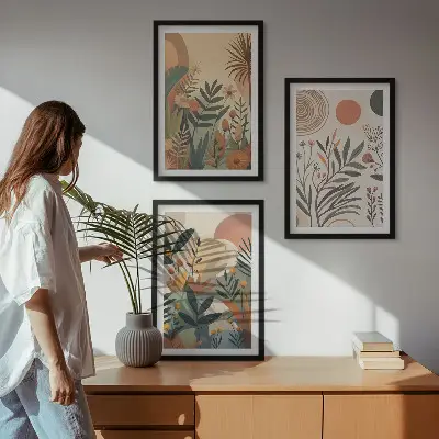 Lot de 3 tableaux pour salon avec motifs végétaux aux couleurs douces