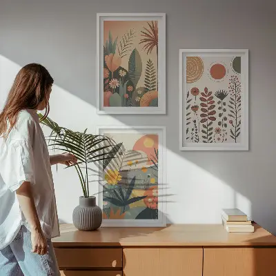Lot de 3 tableaux pour salon motifs végétaux bohèmes sur le thème de la nature