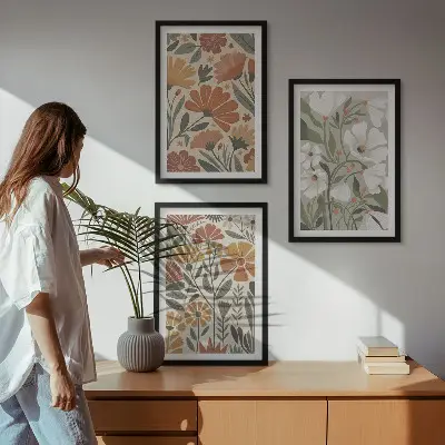 Cadre photo mural à motifs floraux orange et vert