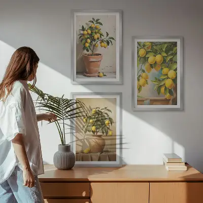 Lot de 3 tableaux pour salon représentant des citronniers en pot et en vase