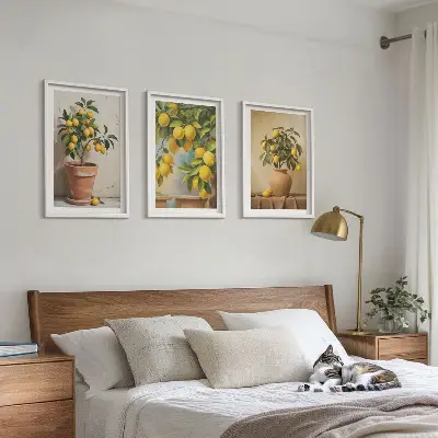 Lot de 3 tableaux pour salon représentant des citronniers en pot et en vase