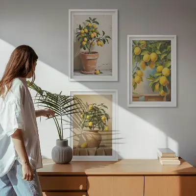 Lot de 3 tableaux pour salon représentant des citronniers en pot et en vase