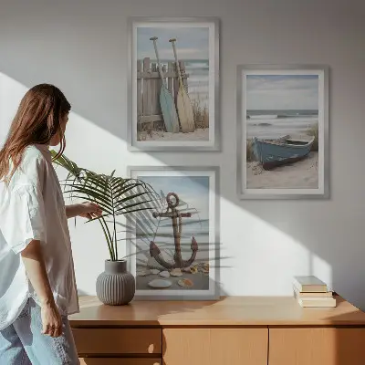 Cadre photo mural avec motif de plage, ancre de bateau et sable