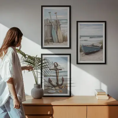 Cadre photo mural avec motif de plage, ancre de bateau et sable