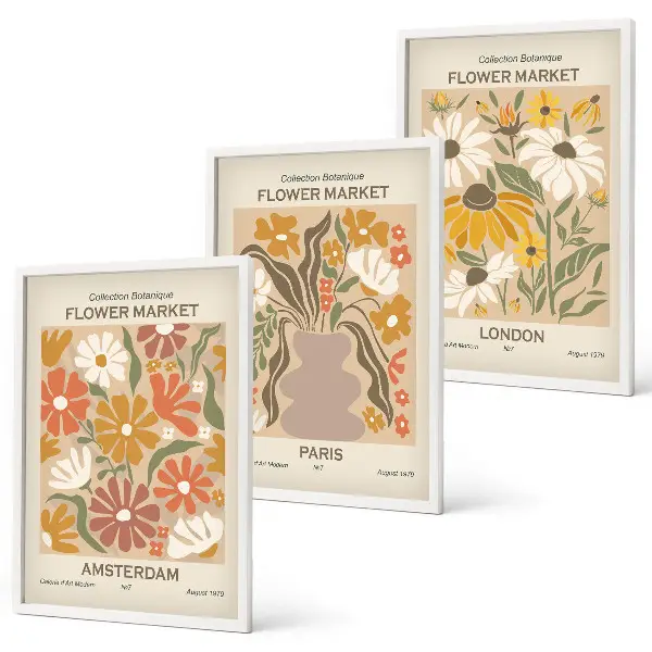 Lot de 3 tableaux décoratifs pour salon avec motifs floraux inspirés d'Amsterdam Paris et Londres