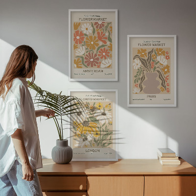 Lot de 3 tableaux pour salon Motifs floraux Amsterdam Paris Londres