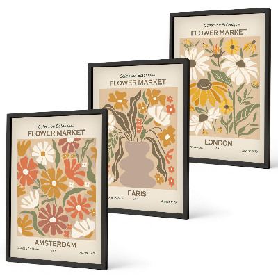 Lot de 3 tableaux pour salon Motifs floraux Amsterdam Paris Londres