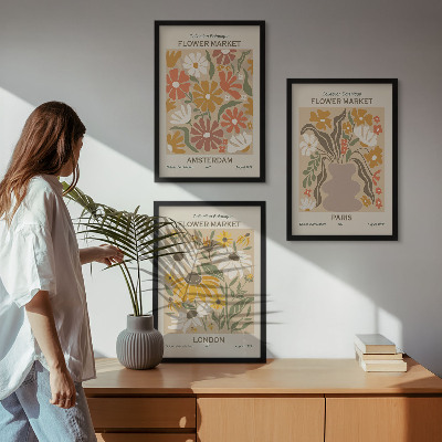 Lot de 3 tableaux pour salon Motifs floraux Amsterdam Paris Londres