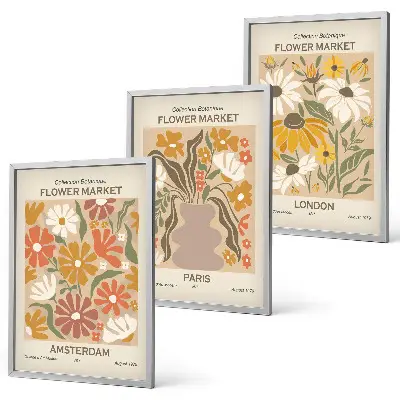 Lot de 3 tableaux décoratifs pour salon avec motifs floraux inspirés d'Amsterdam Paris et Londres