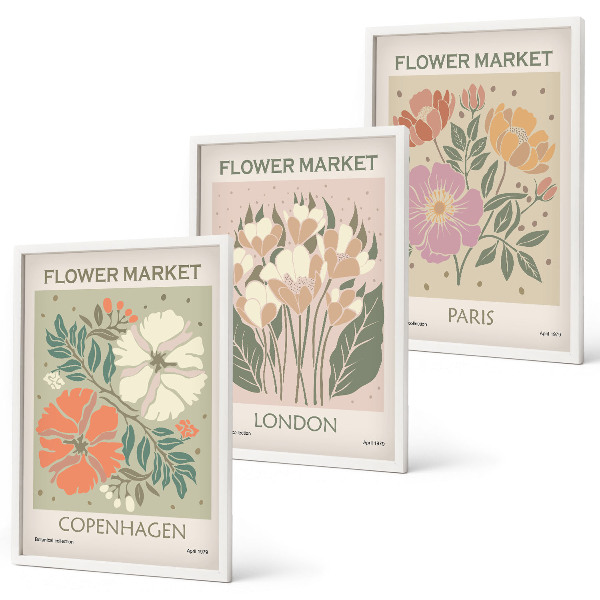 Lot de 3 tableaux pour salon Affiches florales Copenhague Londres Paris