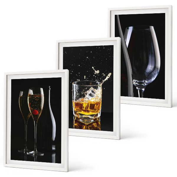 Lot de 3 tableaux pour salon Verres de vin et de whisky sur fond noir