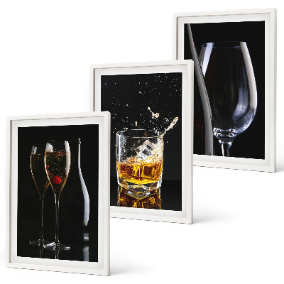 Lot de 3 tableaux pour salon Verres de vin et de whisky sur fond noir