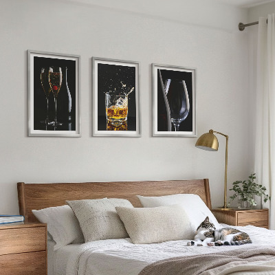 Lot de 3 tableaux pour salon Verres de vin et de whisky sur fond noir