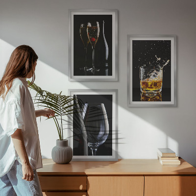 Lot de 3 tableaux pour salon Verres de vin et de whisky sur fond noir