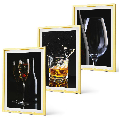 Lot de 3 tableaux pour salon Verres de vin et de whisky sur fond noir