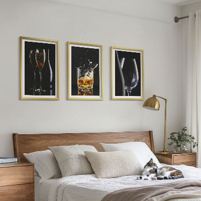 Lot de 3 tableaux pour salon Verres de vin et de whisky sur fond noir