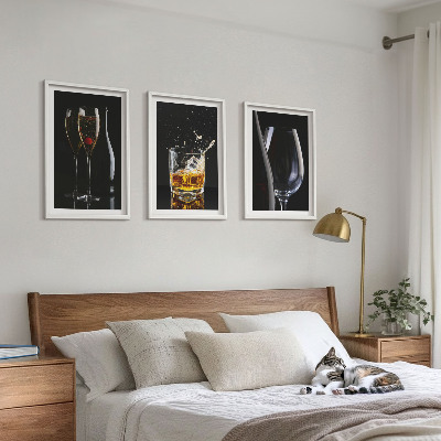 Lot de 3 tableaux pour salon Verres de vin et de whisky sur fond noir