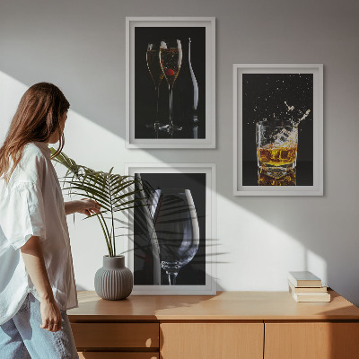 Lot de 3 tableaux pour salon Verres de vin et de whisky sur fond noir