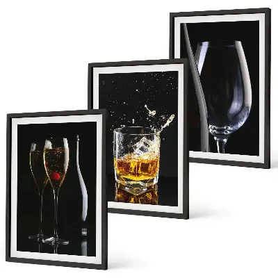 Lot de 3 tableaux pour salon représentant des verres de vin et de whisky sur fond noir