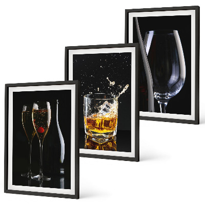 Lot de 3 tableaux pour salon Verres de vin et de whisky sur fond noir