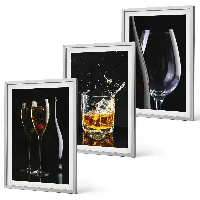 Lot de 3 tableaux pour salon représentant des verres de vin et de whisky sur fond noir