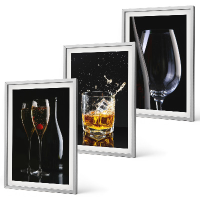 Lot de 3 tableaux pour salon Verres de vin et de whisky sur fond noir