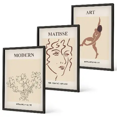 Lot de 3 tableaux pour salon avec motifs graphiques, fleurs et personnages