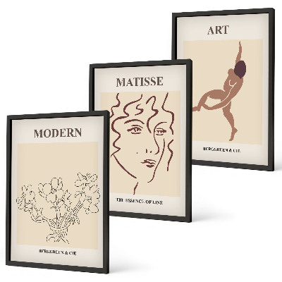 Lot de 3 tableaux pour salon Graphismes stylés, fleurs, personnages
