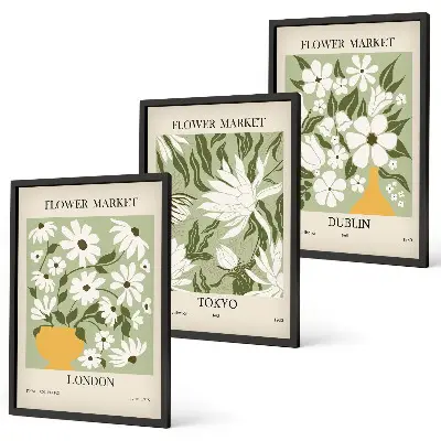Lot de 3 tableaux décoratifs pour salon motifs floraux sur les villes de Londres, Tokyo et Dublin