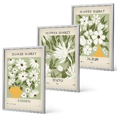 Lot de 3 tableaux décoratifs pour salon motifs floraux sur les villes de Londres, Tokyo et Dublin