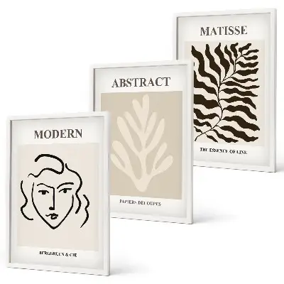 Lot de 3 tableaux pour salon motif feuilles de visage style Matisse