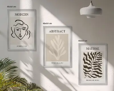 Lot de 3 tableaux pour salon motif feuilles de visage style Matisse