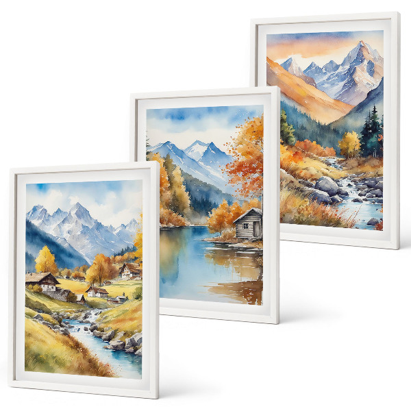 Lot de 3 tableaux pour salon Maisons de montagne automnales au bord de la rivière