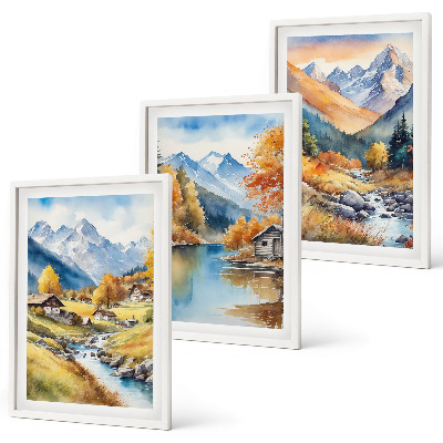 Lot de 3 tableaux pour salon Maisons de montagne automnales au bord de la rivière