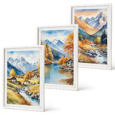 Lot de 3 tableaux pour salon représentant des maisons de montagne automnales au bord de la rivière