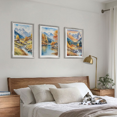 Lot de 3 tableaux pour salon Maisons de montagne automnales au bord de la rivière