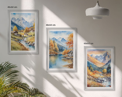 Lot de 3 tableaux pour salon Maisons de montagne automnales au bord de la rivière