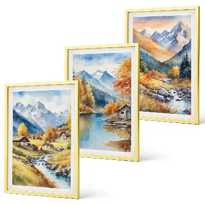 Lot de 3 tableaux pour salon représentant des maisons de montagne automnales au bord de la rivière