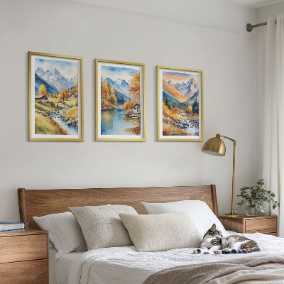 Lot de 3 tableaux pour salon Maisons de montagne automnales au bord de la rivière