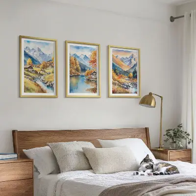 Lot de 3 tableaux pour salon représentant des maisons de montagne automnales au bord de la rivière