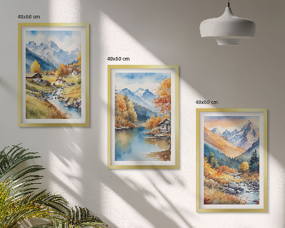 Lot de 3 tableaux pour salon Maisons de montagne automnales au bord de la rivière