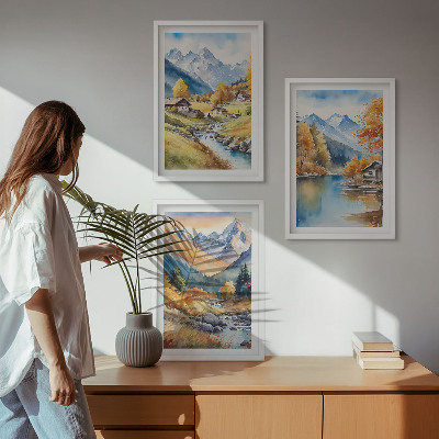 Lot de 3 tableaux pour salon Maisons de montagne automnales au bord de la rivière
