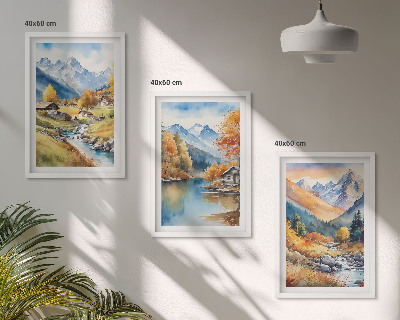 Lot de 3 tableaux pour salon Maisons de montagne automnales au bord de la rivière