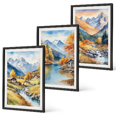 Lot de 3 tableaux pour salon Maisons de montagne automnales au bord de la rivière