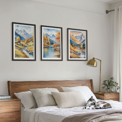 Lot de 3 tableaux pour salon Maisons de montagne automnales au bord de la rivière