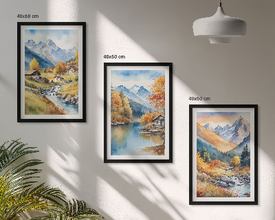 Lot de 3 tableaux pour salon Maisons de montagne automnales au bord de la rivière